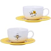 Mageeki 2 Set Tea Cups and Saucers, 260 ml Coffee Cups Ceramic, Cappuccino Cups, Bee Pattern Design, Microwave Dishwasher Safe