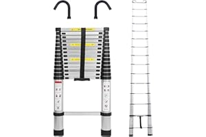 DICN 14.5ft Telescopic Folding Ladder Extension Aluminum 4.4m Straight Ladder with 2 Roof Hooks Attic Telescoping Ladder Portable Foldable Anti-Slip Step Multi-Purpose EN131 Safe Standard MAX Load 330LB