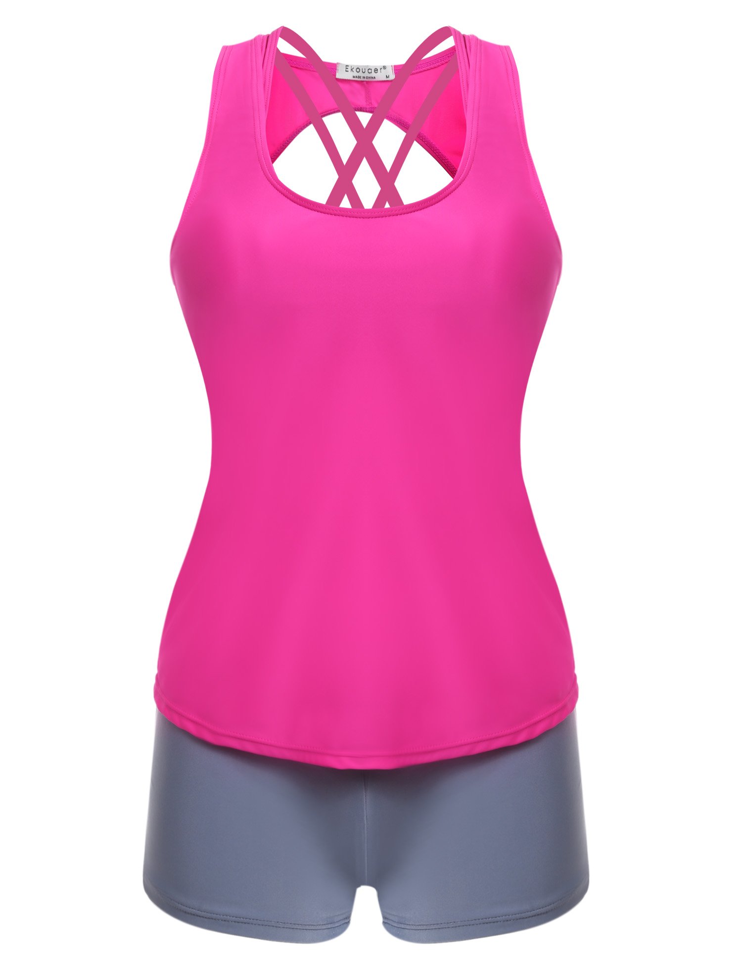 Ekouaer Swimsuits Women\'s Solid Tankini With Padded Print Boyshort Bikini 3 Pieces Set Bathing Suit Swimwear