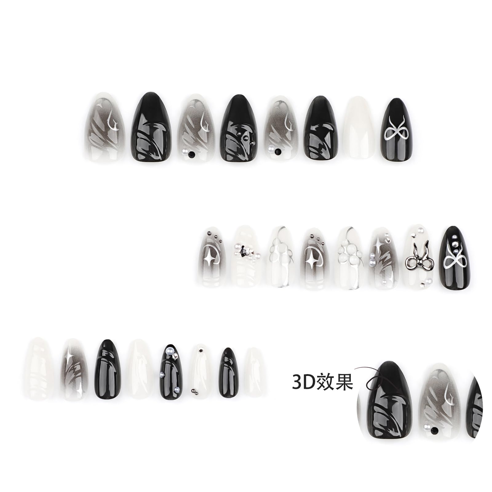 LBPEPAMZ Black Press on Nails Medium Almond Fake Nails with 3D Alloy Bow Pearl Designs Black Gradient Full Cover False Nails Water Drops Silver Star Glossy Acrylic Nails Stick on Nails for Women 24Pcs - Image 3