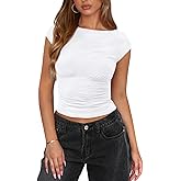 Womens Boat Neck Tops for Women Ruched Cap Sleeve Top Summer Cute Going Out Fitted Cropped T Shirts Basic Clothes