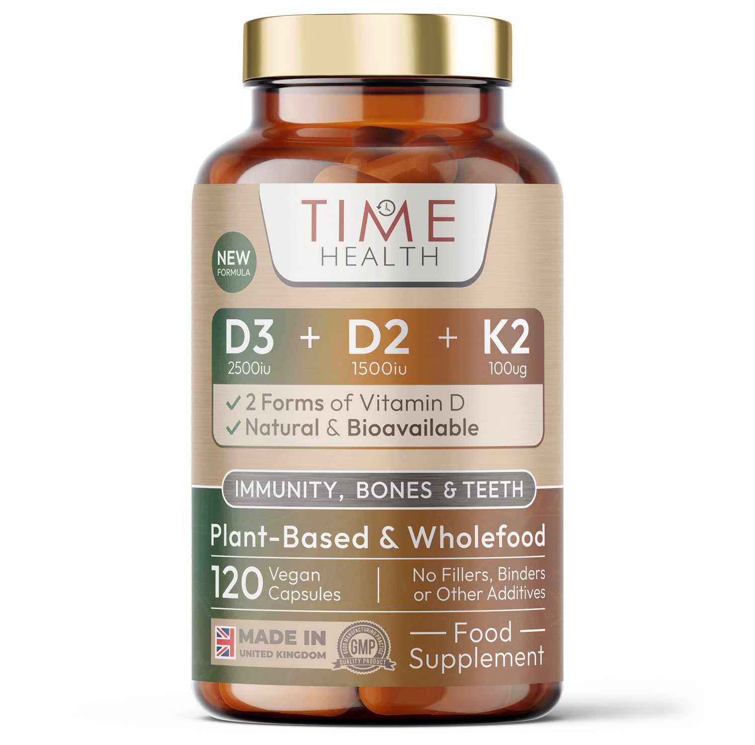 Vitamin D3, D2, K2, Natural Wholefood Plant Based - Zero Additives - Pullulan (120 Capsule Pouch)