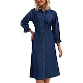 CIMUK Women Denim Dresses Midi 2025 Casual Ruffle 3/4 Sleeve Jean Button Down Shirt Dress
