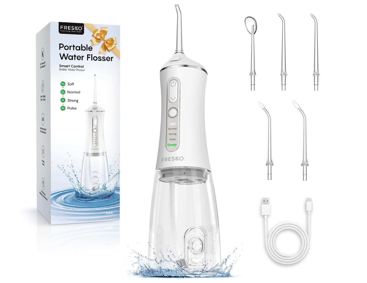 FRESKO Water Dental Flosser, 50-Day Battery Life Oral Irrigator with Constant Pressure, 300ML Water Flosser for Teeth with 5 Nozzles, IPX7 Waterproof, Ideal for Braces and Sensitive Gums