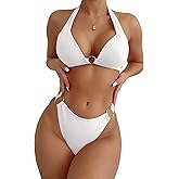SweatyRocks Women's Ring Linked Halter Push Up Bikini Swimsuit High Stretch Bathing Suit Swimwear Set Swimming Suit Two Piece