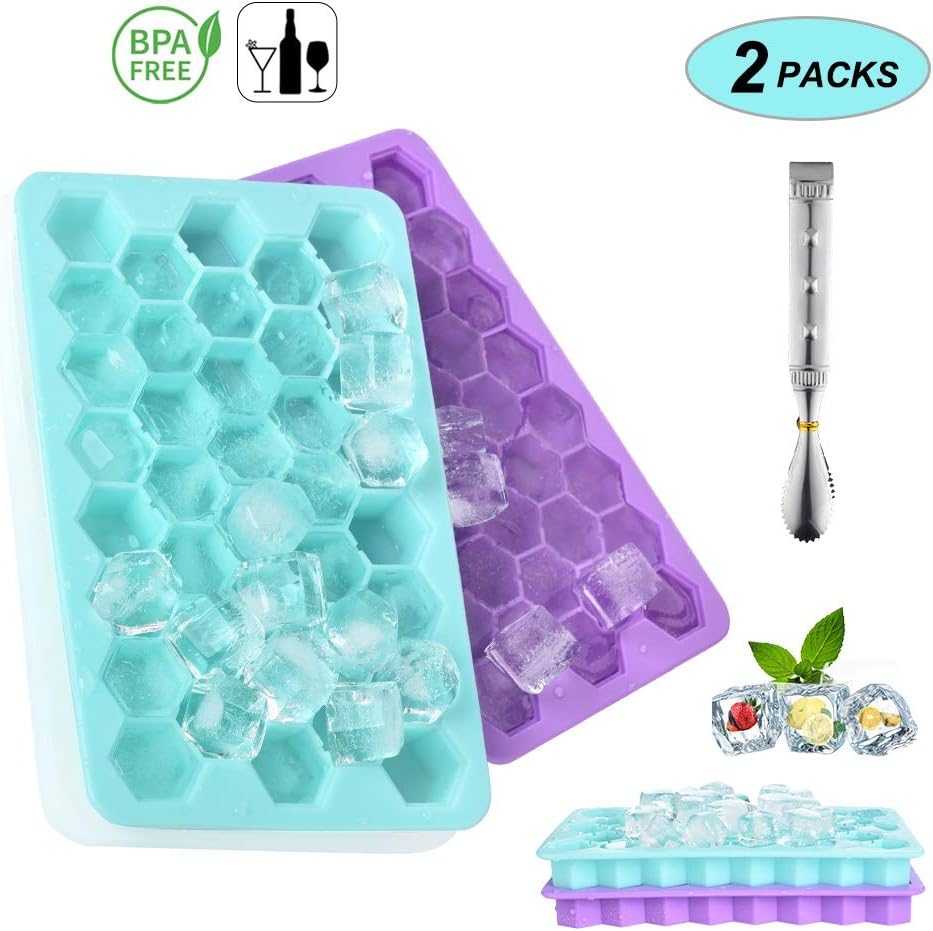 Ice Cube Trays,Silicone Ice Cube Trays Stackable with Removable Lid Easy to Pop 76Pcs Cubes Flexible,Dishwasher Safe, BPA Free,Odor Free for Whiskey Freezer Storage,Cocktail,Beverages-2Packs&Ice Tong