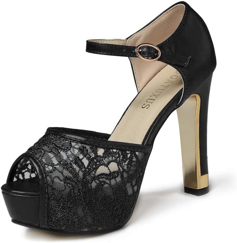 GATUXUS Lace Open Toe Women Platform High Heel Shoes Party Pumps Prom