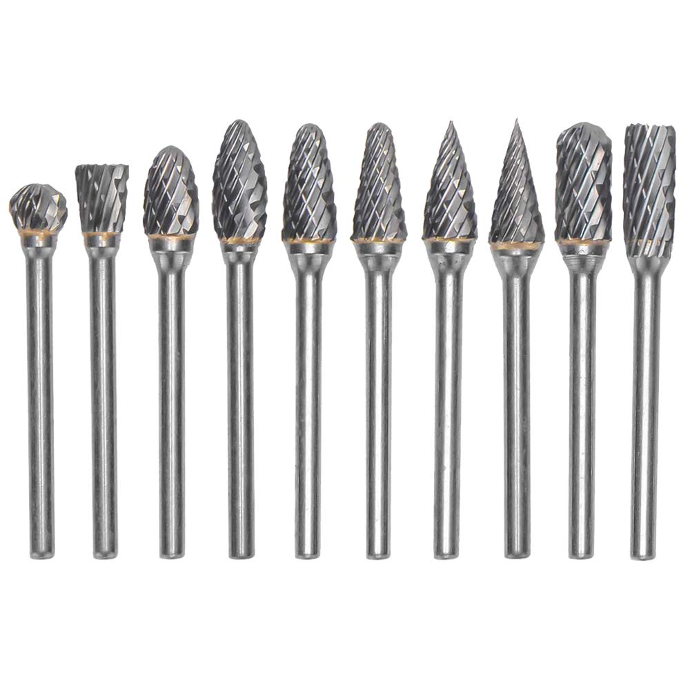 Mesee 10Pcs Carbide Rotary Burr Set, 6mm Double Cut Tungsten Rotating Burrs with 3mm Shank Files Rasp Polishing Tool Accessory for Metal Processing Woodworking Engraving Finishing Jade Carving