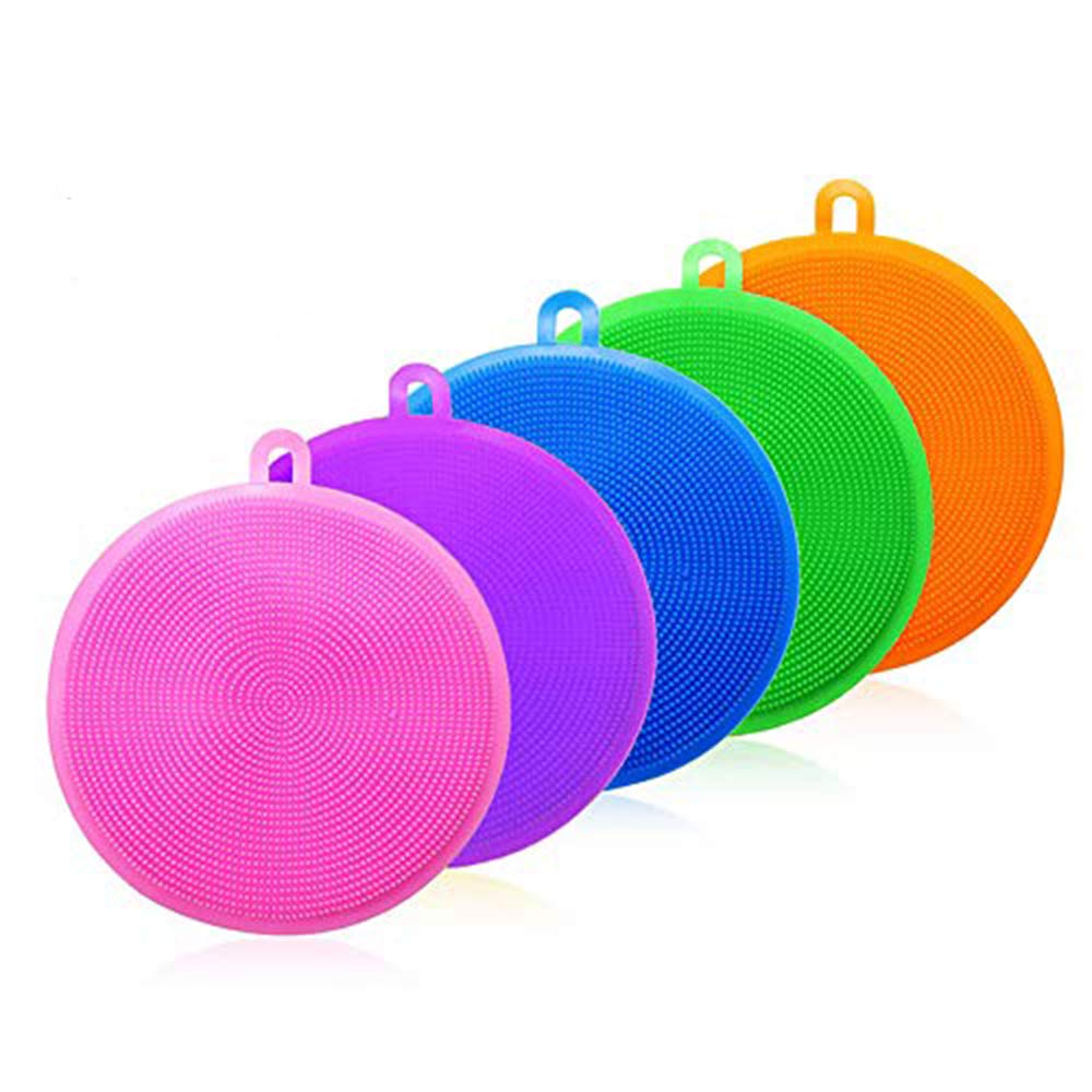 HosDen Kitchen Silicone Sponge, 5 Pieces BAP Free Silicone Pads Anti-Bacterial Non-Scratch Dish Washing Scrubber Pot Holder Multipurpose Sponges for Cleaning Vegetable Kitchen Utensils (circular)
