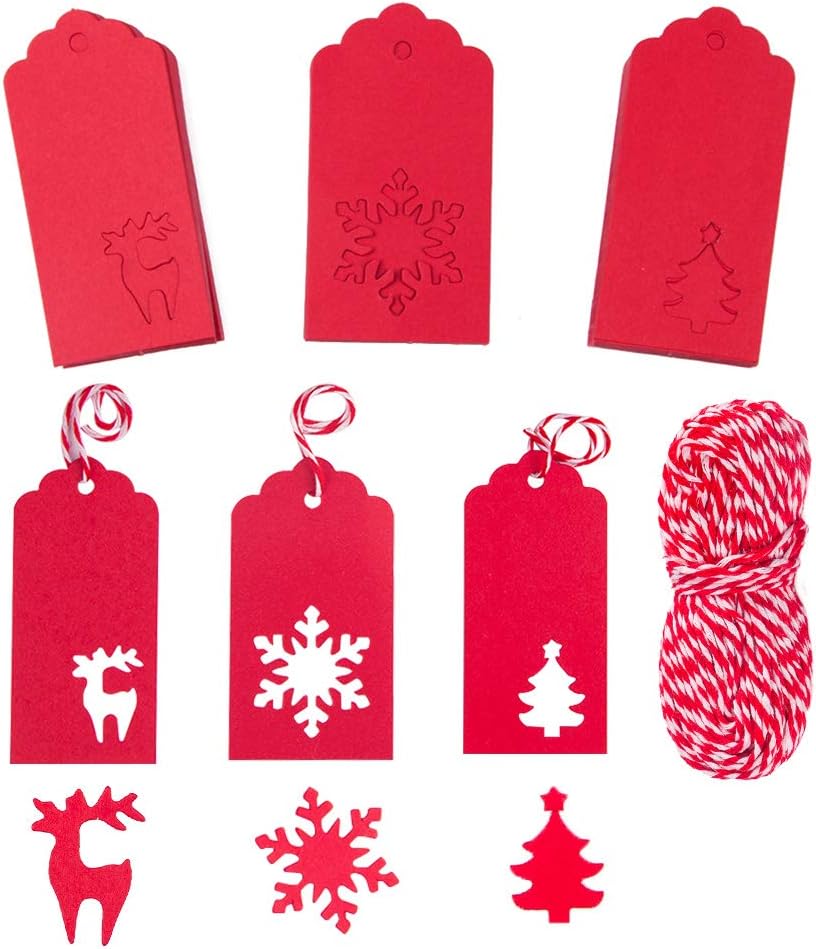 NABLUE Gift Tags100 Pieces Paper Tags Kraft Christmas Tags Hang Labels Christmas Tree Snowflake Reindeer Design for Christmas Gift Favor,DIY Arts and Crafts Wedding Supply with 30 Meters Natural Twine