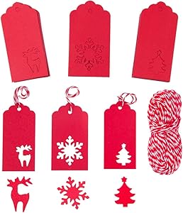 NABLUE Gift Tags100 Pieces Paper Tags Kraft Christmas Tags Hang Labels Christmas Tree Snowflake Reindeer Design for Christmas Gift Favor,DIY Arts and Crafts Wedding Supply with 30 Meters Natural Twine