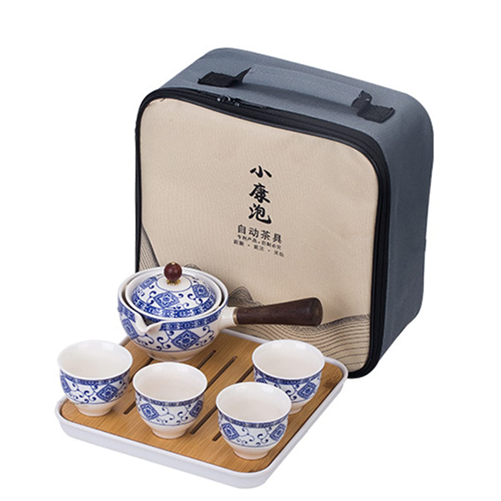 fanquare Portable Japanese Travel Tea Set, Handmade Kungfu Tea Service, One Teapot, 4 Tea Cups, Bamboo Tea Tray with Travel Bag, Blue and White