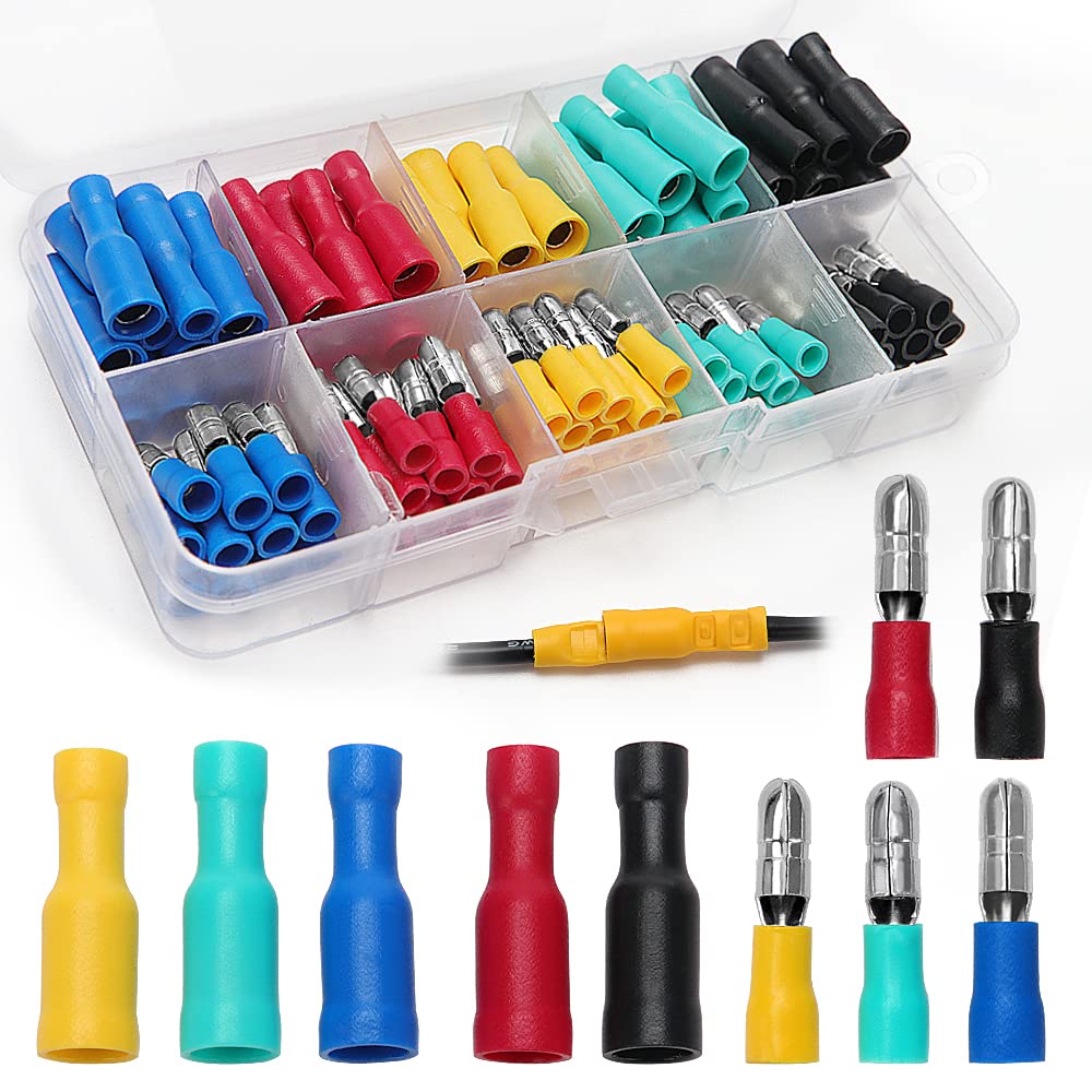 YIXISI 100 PCS Bullet Butt Connectors, Male And Female Insulated Wire Bullet Electrical Crimp Connector Terminal (16-14 AWG)