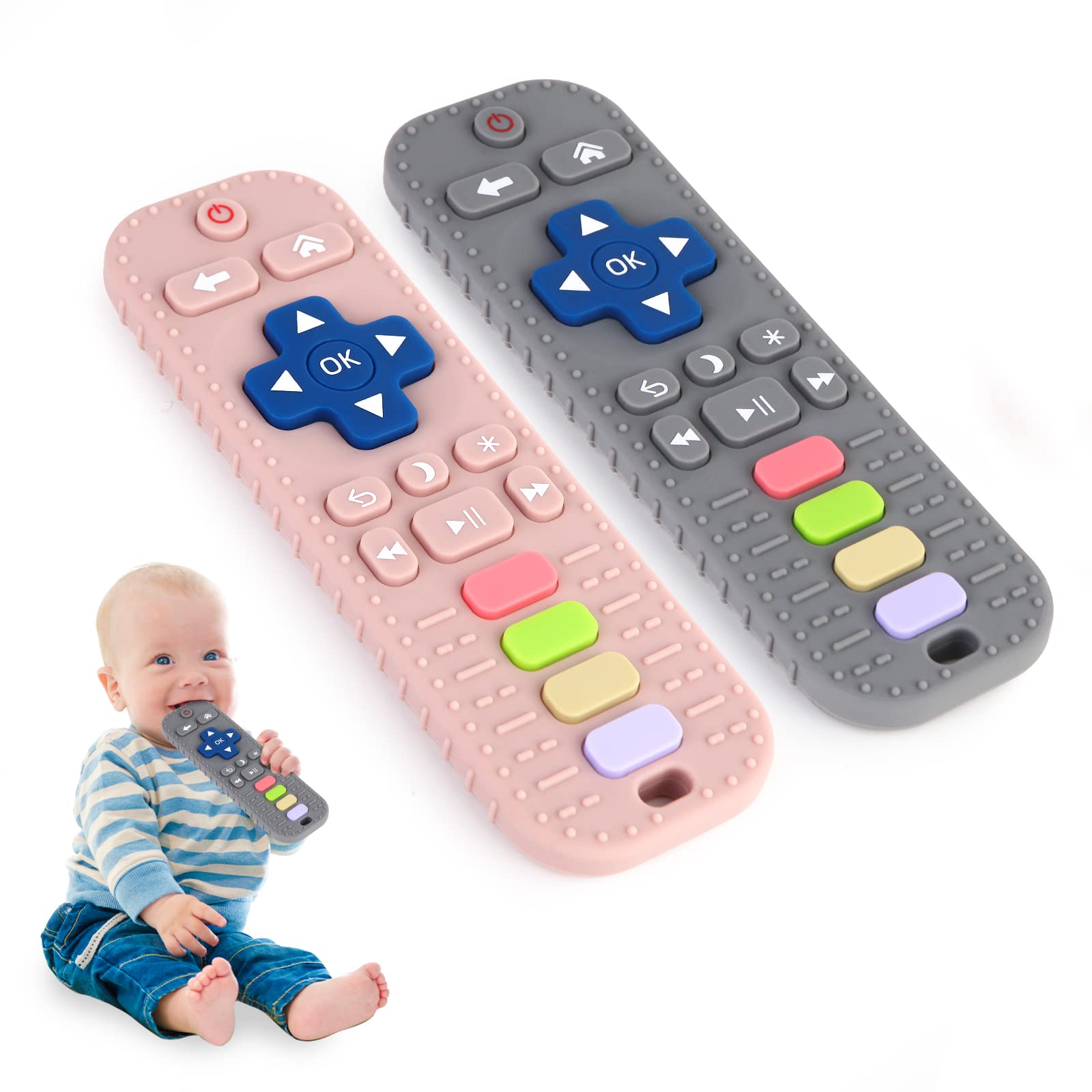Hooku 2 Pack Silicone Teething Toys for Babies 0-6 Months, Teethers 6-12 Remote Teether Baby, Sensory Babies, Baby Chew Toys, Toddler Infant Newborn Girl Boy, Pink-Gray — image 1
