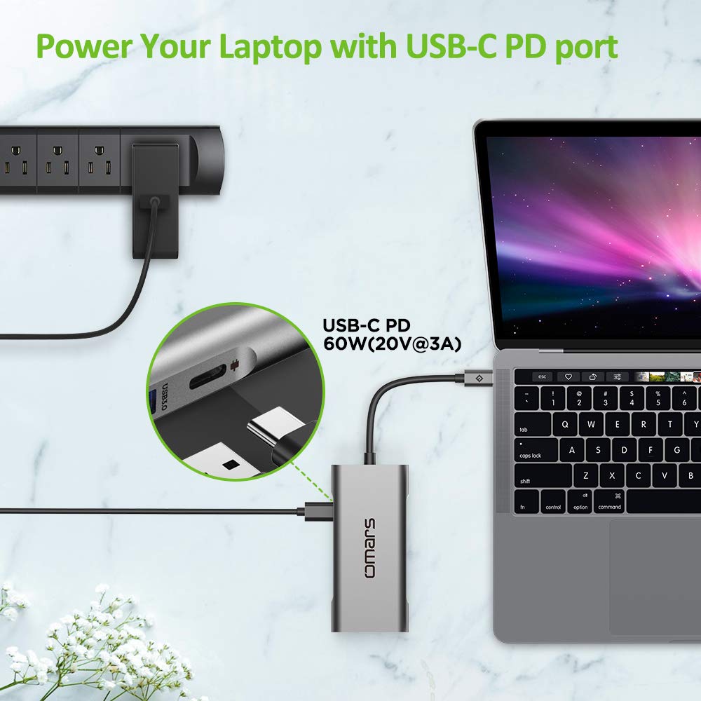 USB C Hub Omars 7-en-1 Adaptateur USB-C vers Type C 60W PD Port de Rechargement, 4K HDMI, 3 x USB 3.0, Lecteur de Carte SD & Micro SD Multiprise Dock pour MacBook Pro New MacBook 12\