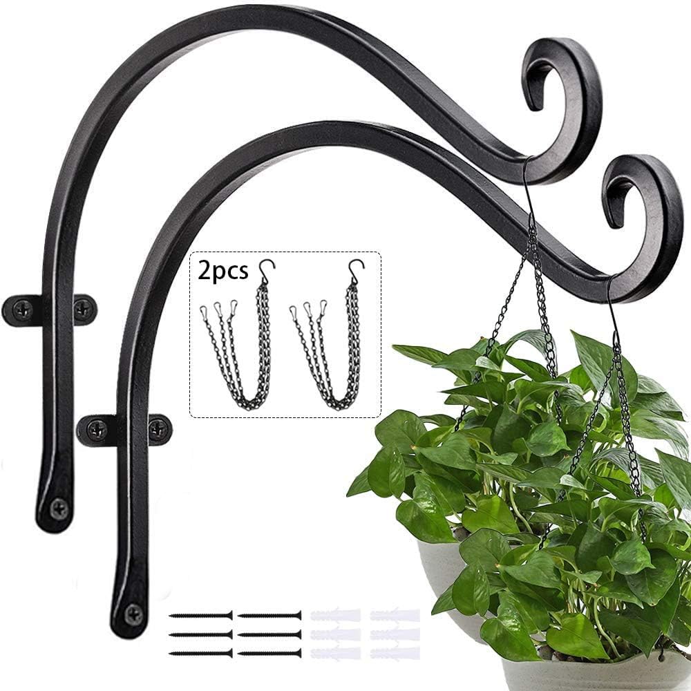 Lifreer 2 Pack 12 Inch Black Wall Hanging Hooks Heavy Duty Iron Wall Hang Basket Brackets Plant Hooks with 2PCS Hangings Chains for Hanging Bird Feeders Wind Chime Lantern