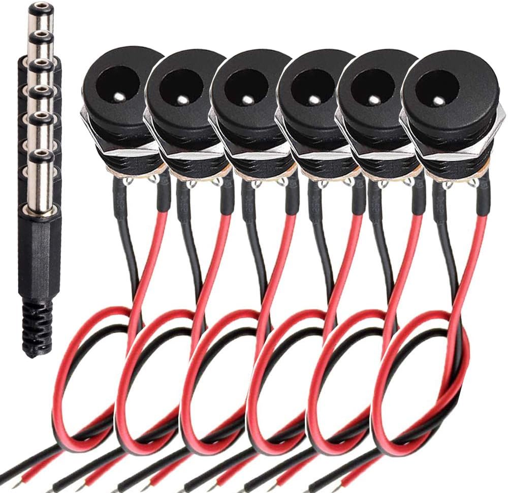RUNCCI-YUN DC Female Panel Mount Socket, 5.5 x 2.1 MM Threaded Female Mount Connector Adapter with Cable Barrel Jack Plug (6pcs)