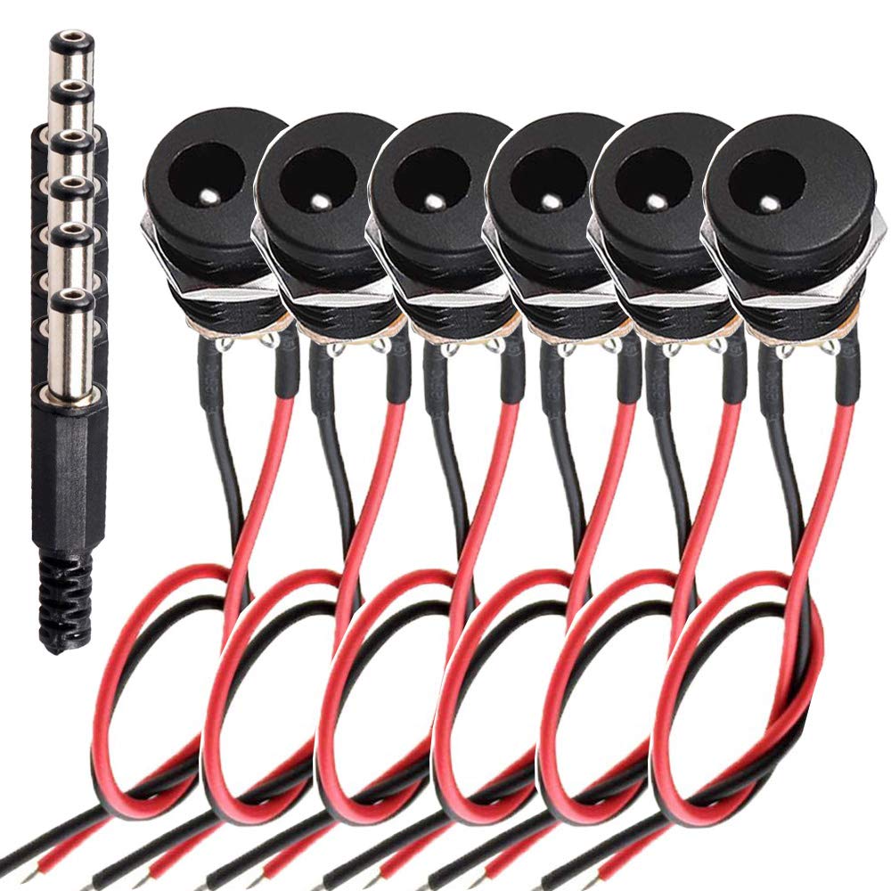 RUNCCI-YUN DC Female Panel Mount Socket, 5.5 x 2.1 MM Threaded Female Mount Connector Adapter with Cable Barrel Jack Plug (6pcs)
