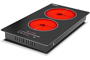 Karinear 12 Inch 2 Burners Electric Cooktop, Countertop & Built-in Ceramic Cooktop, Metal Protected Frame, Sliding Control with Child Safety Lock, Timer, Pause Function, 220-240V Hard Wired, No Plug