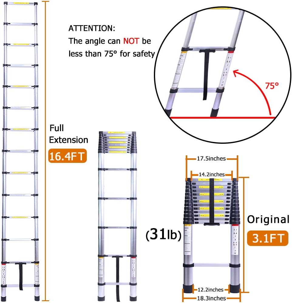16.4FT Tall Telescoping Ladder, Extension Collapsible Ladders, Aluminum Lightweight Telescopic Ladder for RV, Loft, Home & Attic, 330LB Capacity: Kitchen & Dining