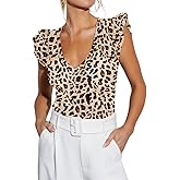 BONITEE Women Summer Ruffle Tops Sexy Deep V Neck Short Sleeve Shirts Trendy Casual Ribbed Slim Fitted Knit Tees Blouse