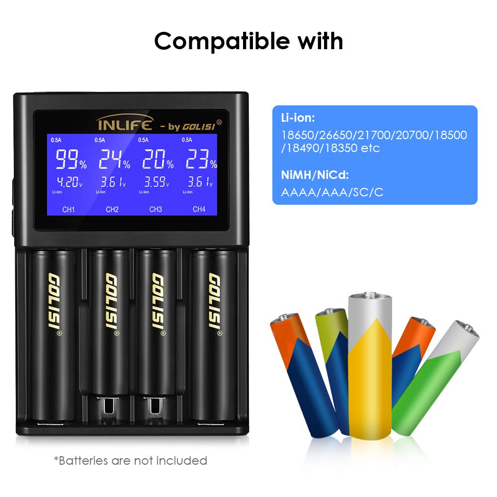Battery Charger, INLIFE Speedy Smart Recharger with LCD Display Universal for Rechargeable Batteries Ni-MH Ni-Cd A AA AAA AAAA C SC, Li-ion 18650 26650 26500 20700 22650 18490 17670 (4-Bay)