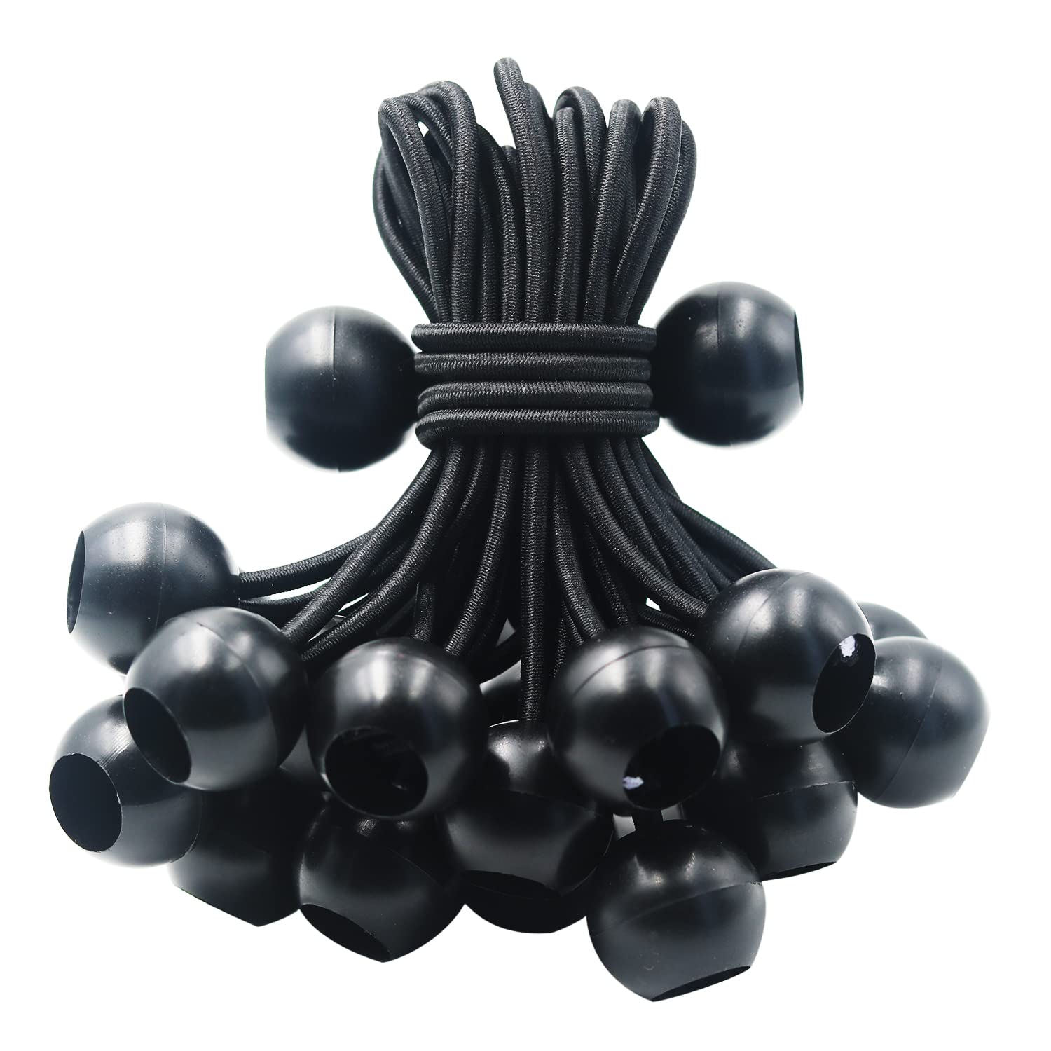 HomWanna Bungee Balls Cords 25Pcs - 4 inch Black Flag Bungees Ties, Heavy Duty Tarp Banner Marquee Canopy Elastic Tie Down Straps for Telescopic Flag Pole Camping Tent Tarpaulin Cargo, UV Resistant