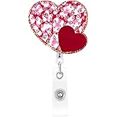 Valentines Badge Reel Heart Badge Reels Retractable Red Heart Acrylic Retractable Badge Holder 360 Rotating Badge Clip Glitter Heart Badge Clip Valentines ID Badge Holder for Nurse Doctor Teacher