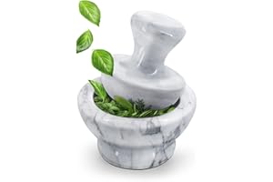 Flexzion Small Mortar and Pestle Set Marble Stone Crusher (White) - 4 Inch, 1/2 Cup Capacity Muddler and Bowl, Kitchen Hand G