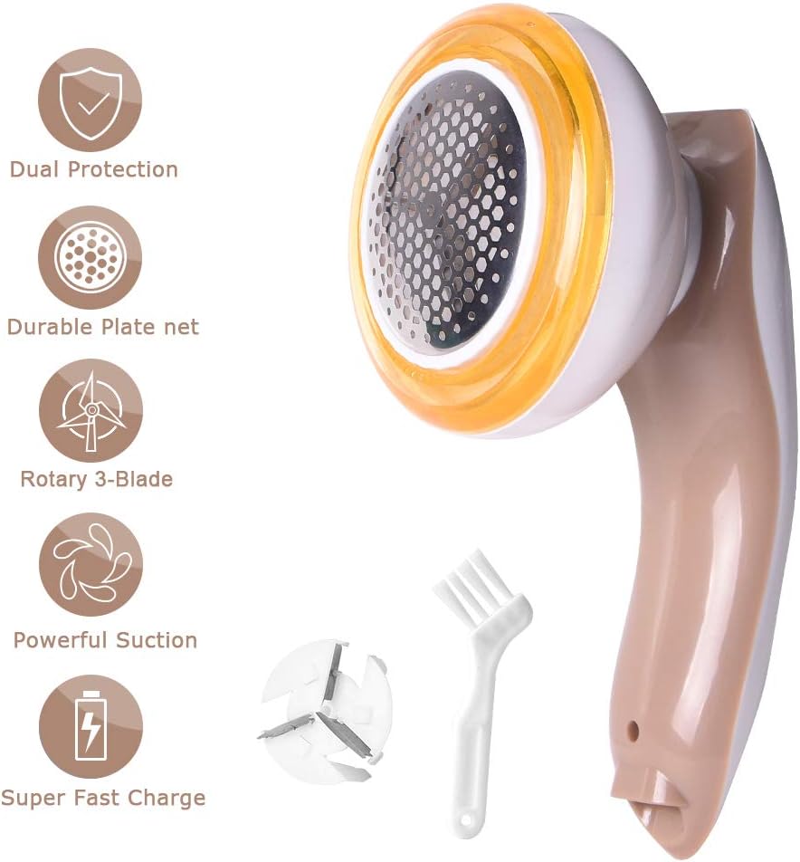 Fabric Shaver Defuzzer,Electric Lint Remover, Rechargeable Sweater Shaver with Replaceable Stainless Steel Blades, Dual Protection, Easy Remove Fuzz, Lint, Pills, Bobbles (Gold)