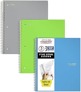 Five Star Spiral Notebooks, 3 Subject, College Ruled Paper, 150 Sheets