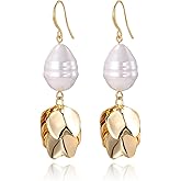 WASAIE Layered Leaf Pearl Drop Dangle Earring For Women,Metal Boho Flower Petal Exaggerated Jewelry Hook Earrings