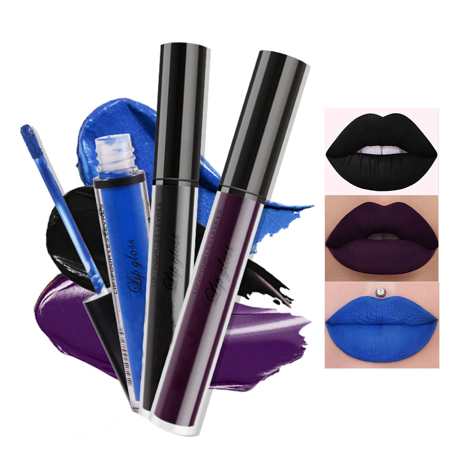 Erinde Matte Velvet Lipstick, Non-Stick Cup Dark Black, Purple, Blue Liquid Lipstick - 3Pc Set, Waterproof, Smudge Proof