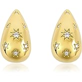 Gold North Star Chunky Hoop Earrings for Women Dainty 14K Gold Plated Thick Teardrop Star Hoop Earrings with Cubic Zirconia Trendy Waterdrop Open Hoop Statement Earrings Jewelry Gift for Women