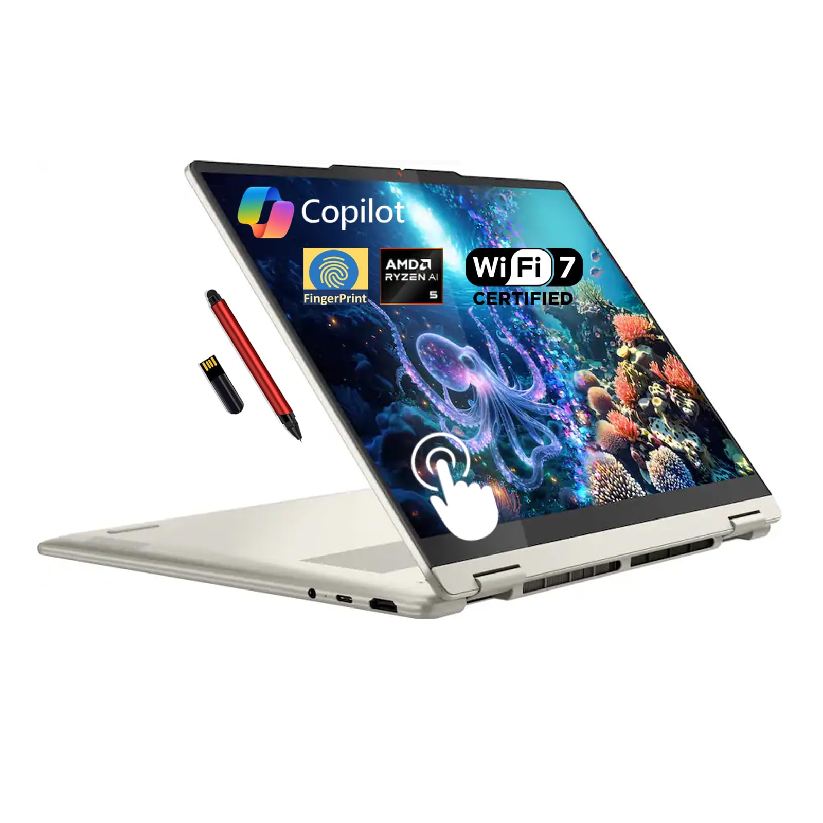 Lenovo Yoga 7 2-in-1 Copilot+ AI PC Laptop, 14" 2K OLED Touch (100% DCI-P3), AMD Ryzen AI 5 340 (Up to 50 Tops), 16GB LPDDR5, 512GB SSD, for Creator Business Professional, Windows 11, EAT 16GB USB PEN