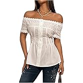 Milumia Women's Off Shoulder Button Down Shirt Elegant Lace Trim Short Sleeve Ruffle Blouses