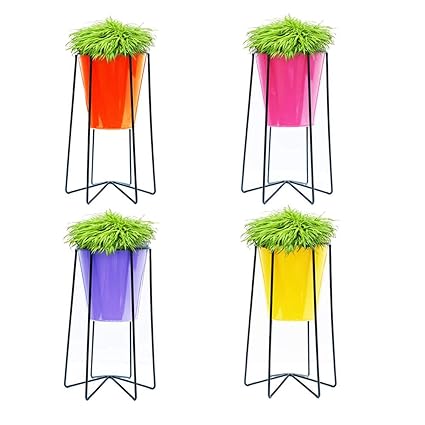 Ascent Homes Metal Iron Flower Pot Stand with Metal Bucket Planter- (Set of 4)