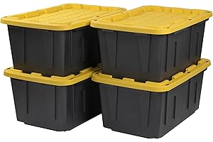 CX BLACK & YELLOW, 27-Gallon Heavy Duty Tough Storage Container & Snap-Tight Lid, (14.3"H x 20.6"W x 30.6"D), Weather-Resistant Design and Stackable Organization Tote [4 Pack]