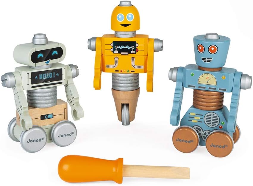 Janod - Brico'kids Wooden Robots - Construction Toy - Teaches Fine Motor Skills and Imagination - Ages 3 and up - J06473
