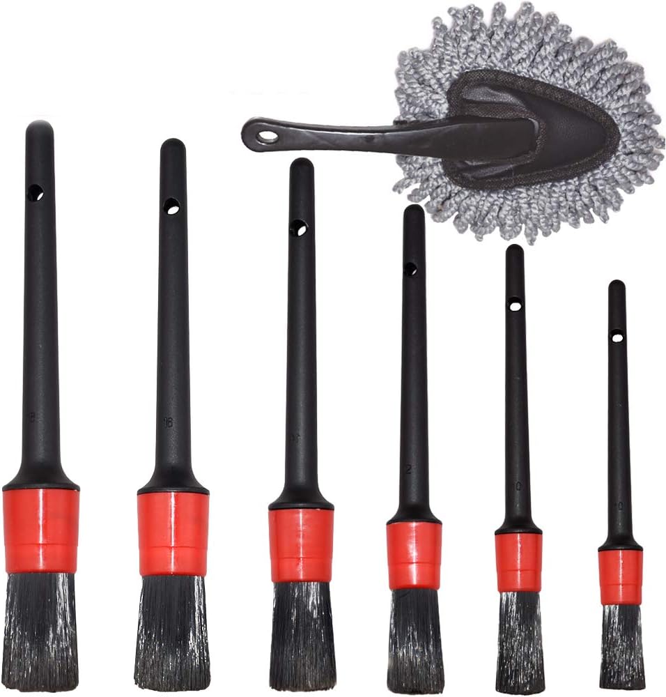 Detailing Brush Set- Car Duster Cleaning Dirt- 6 Different Sizes Premium Natural Boar Hair Mixed Fiber Automotive Detail Brushes for Cleaning Wheels, Engine, Interior, Emblems, Air Vents, Exterior