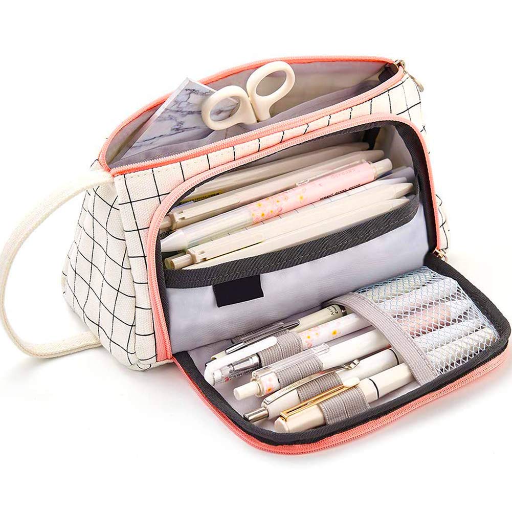 Pencil Case, BETOY Big Capacity Pencil Pen Case Bag Pouch Holder for Girl Student School Office College Stationery with Zipper, Pink and White 20 x 11 x 8.5cm