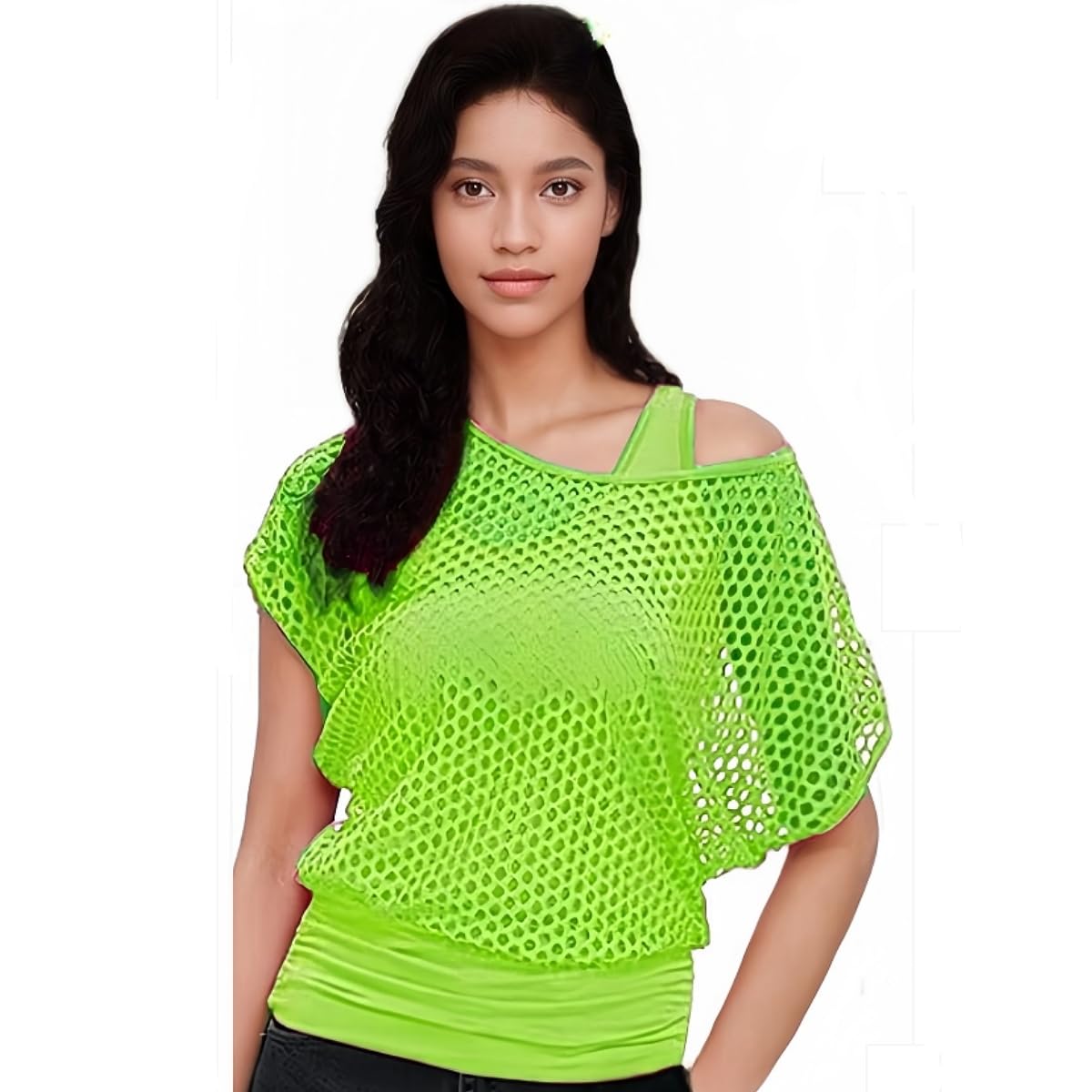 TouKingda 80s Mesh Fishnet Tops Off Shoulder T-Shirt Tank Top for Women Neon Fancy Dress Ladies Disco Retro Outfit 1980s Costume