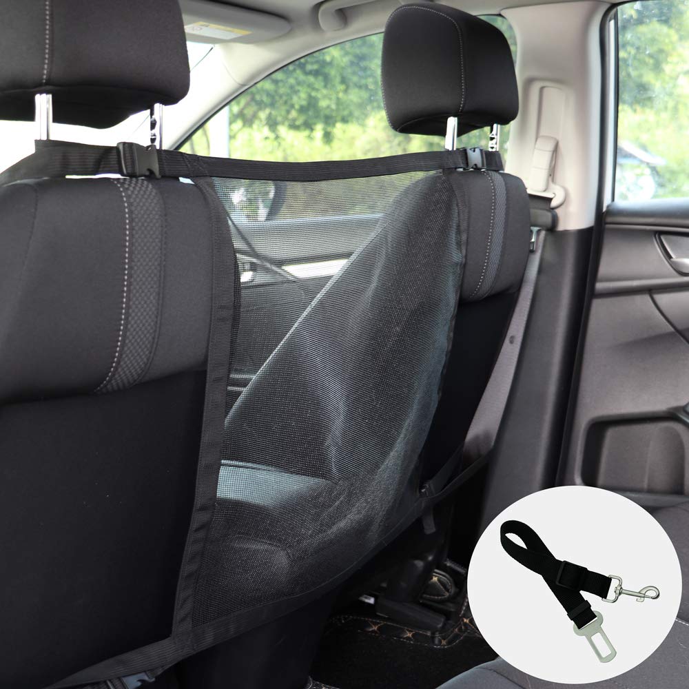 Car Dog Net Barrier, Through Vehicle Small Mesh Barrier to Keep Dogs and Pet Hair Out of Front Seat, with Adjustable Pet Car Seat Belt