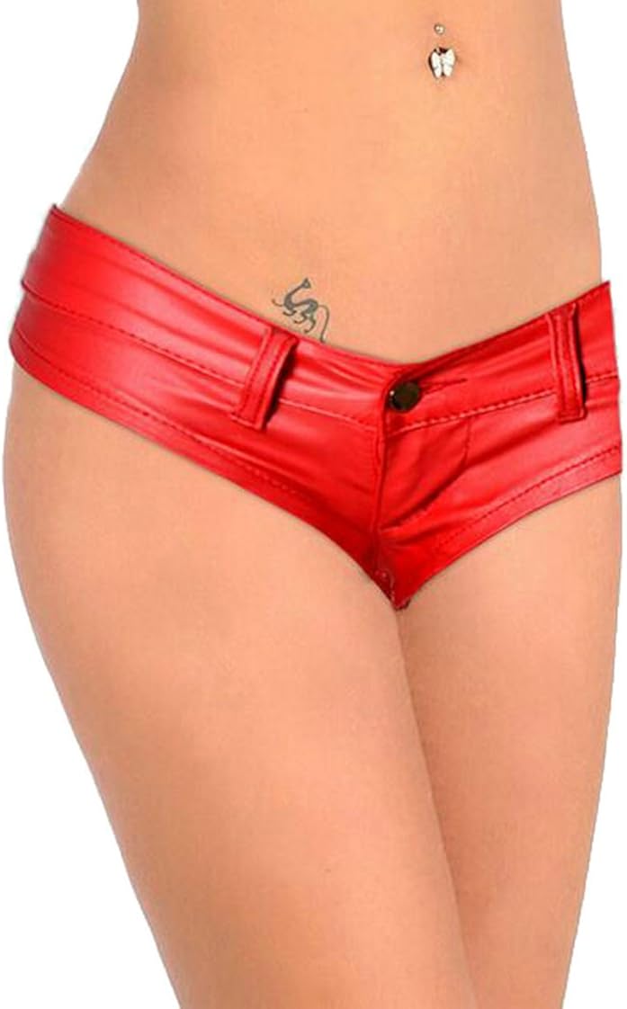ARTFFEL-Women Low Rise Stretch PU Leather Booty Short Cheeky Denim Thong Shorts at Amazon Women 