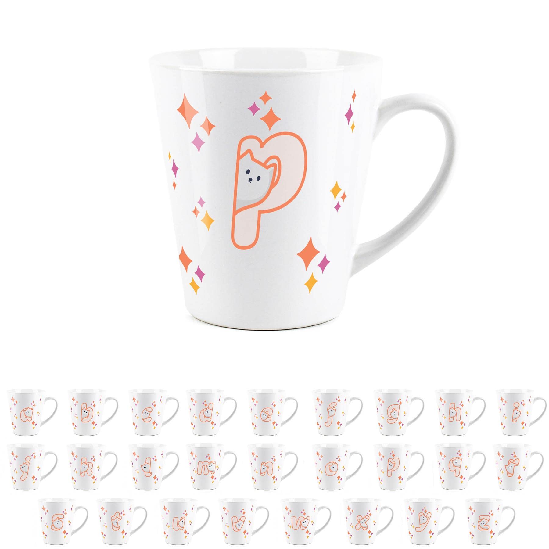 Purely Home Cute Cat Letter P Mug - Peeping Kitten and Star Design - Small Latte Mug White Ceramic Tea/Coffee Present Gift for Cat Lovers