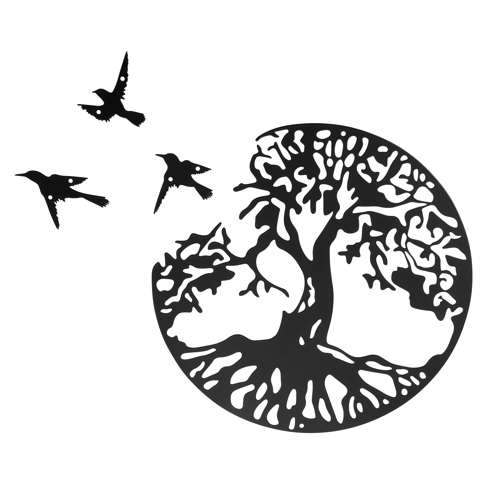 bowarepro Black Metal Tree of Life Garden Wall Art Decor, Round Tree of life Wall Sculpture, Silhouette Tree and Bird Plaque Wall Art Decor Hangings for Kitchen Bedroom Living Room Office Staircase