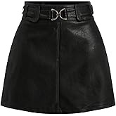 Verdusa Women's Western PU Leather Mini Skirt Buckle Belted A Line Skirts Retro Festival Outfits