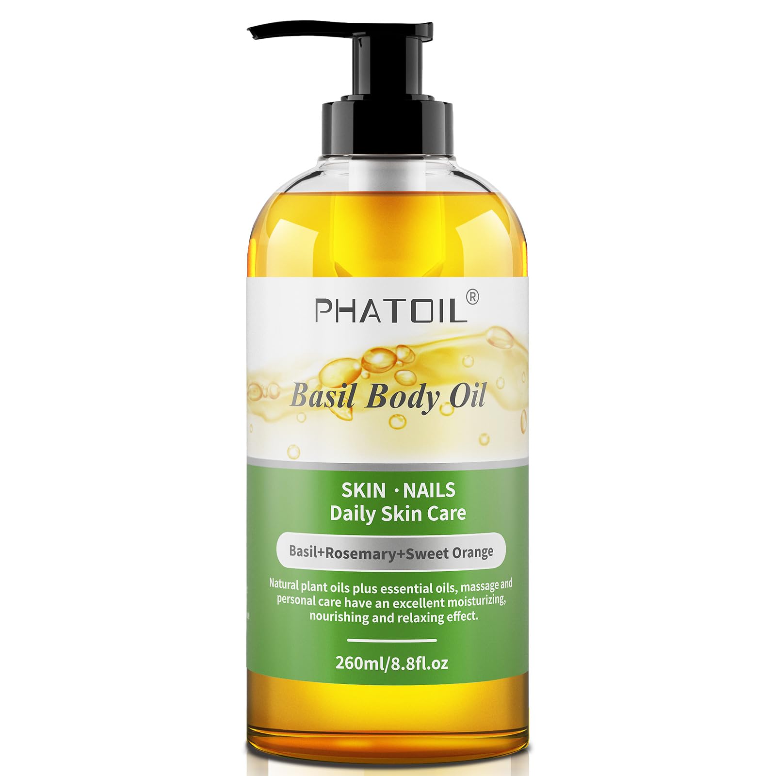 PHATOIL Body Oil, Basil Body Oil for Massage, Skin Care, Nails Care, Formulated with Natural Plant Oils and Essential Oils, Natural Moisturizer for Women, Men. 260ml, All Skin Types