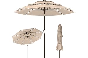 Kingdura 10ft 3-Tier Patio Umbrella with Solar Lights, Table Umbrella Outdoor Patio with Easy Crank & Tilt, 8 Sturdy Ribs, UV Protection, 32 LED Lights for Deck, Poolside, Market (Beige)