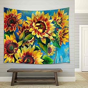 Original Oil Painting of Sunflowers on Canvas.Modern Impressionism - Fabric Wall Tapestry Home Decor - 51x60 inches